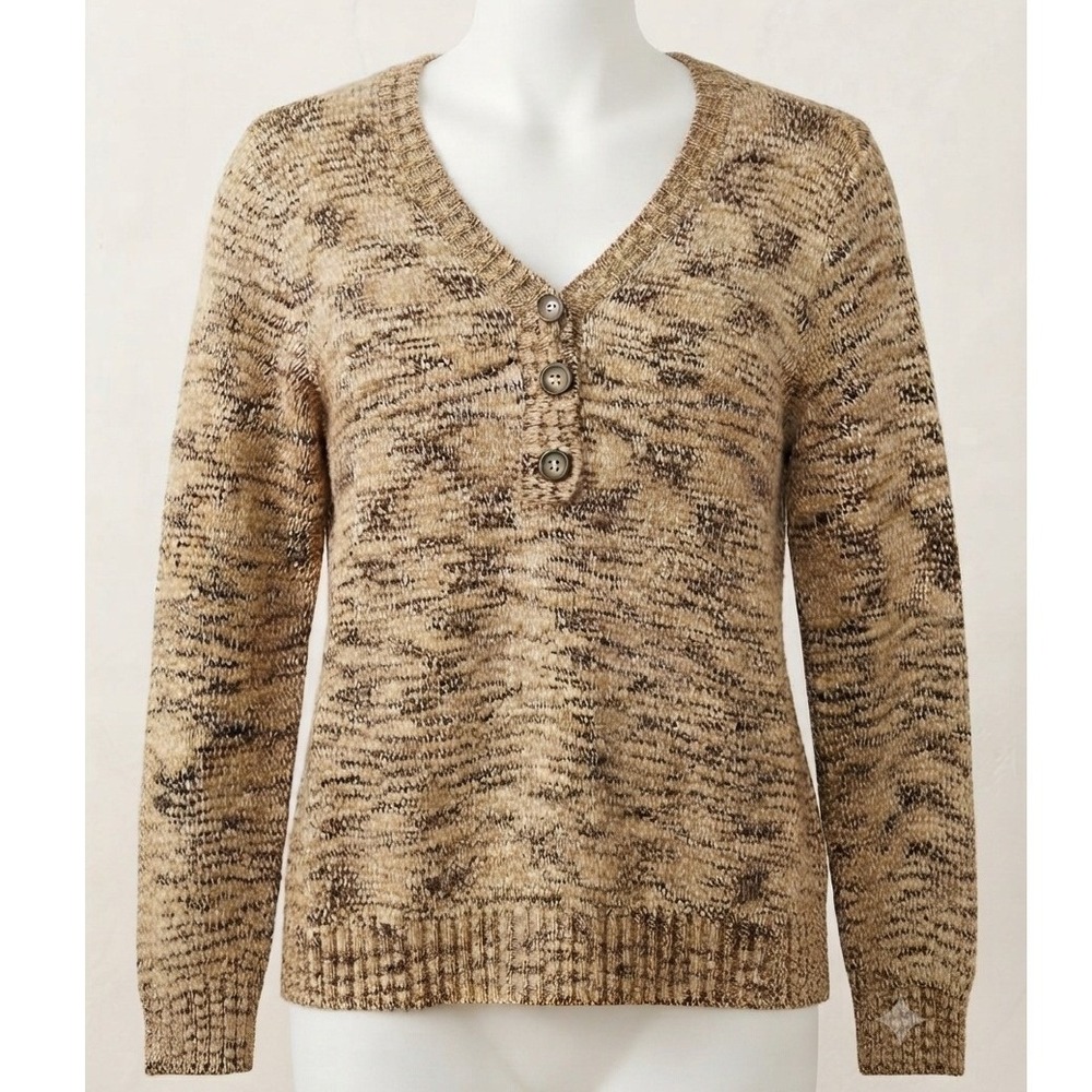 Karen Scott Womens Chunky Cabin Tan Brown Marled Knit Henley V-Neck Sweater M